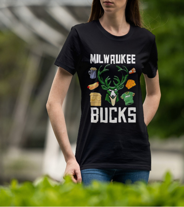 Milwaukee Bucks NBA Market Claymation Deer Cheese Hot Dog Beer T-Shirt
