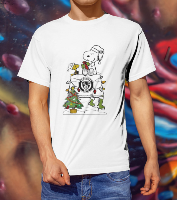 Snoopy Woodstock Christmas Igloo Brooklyn Nets Holiday Scene T-Shirt