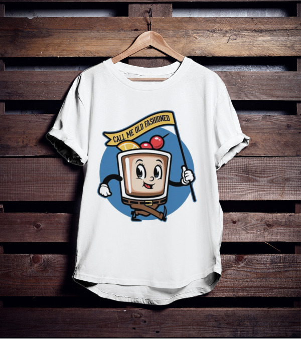 Whiskey Call Me Old Fashioned Cartoon Drink Character With Flag And Cherries T-Shirt