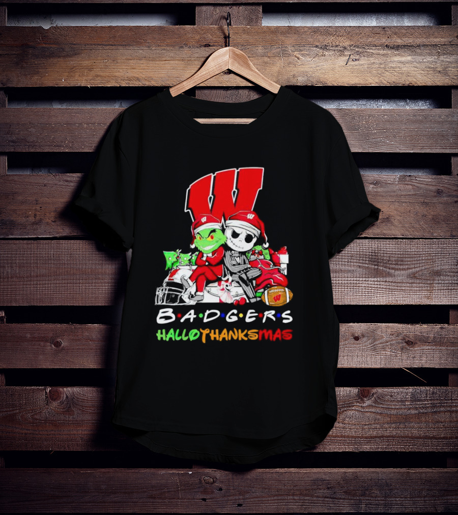 Badgers HalloThanksMas Grinch Jack Skellington Friends Football W T-Shirt