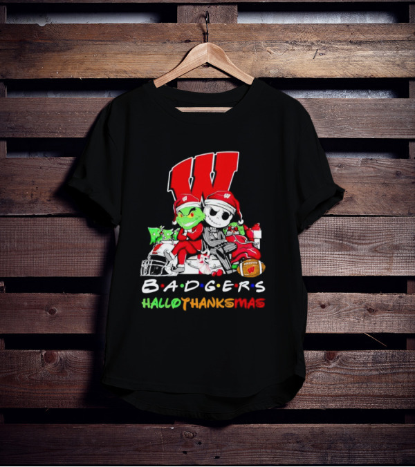 Badgers HalloThanksMas Grinch Jack Skellington Friends Football W T-Shirt