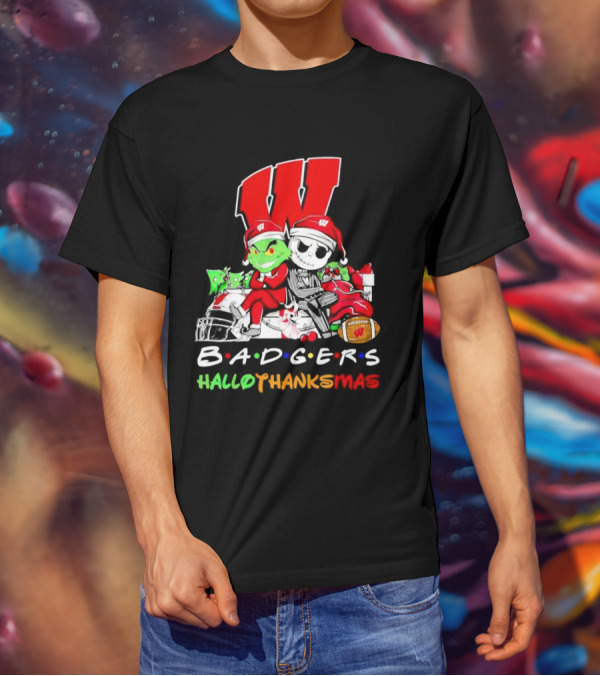 Badgers HalloThanksMas Grinch Jack Skellington Friends Football W T-Shirt