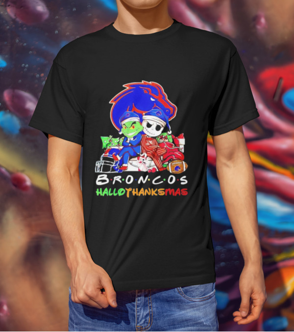 Broncos HalloThanksMas Grinch And Jack Skellington Friends T-Shirt