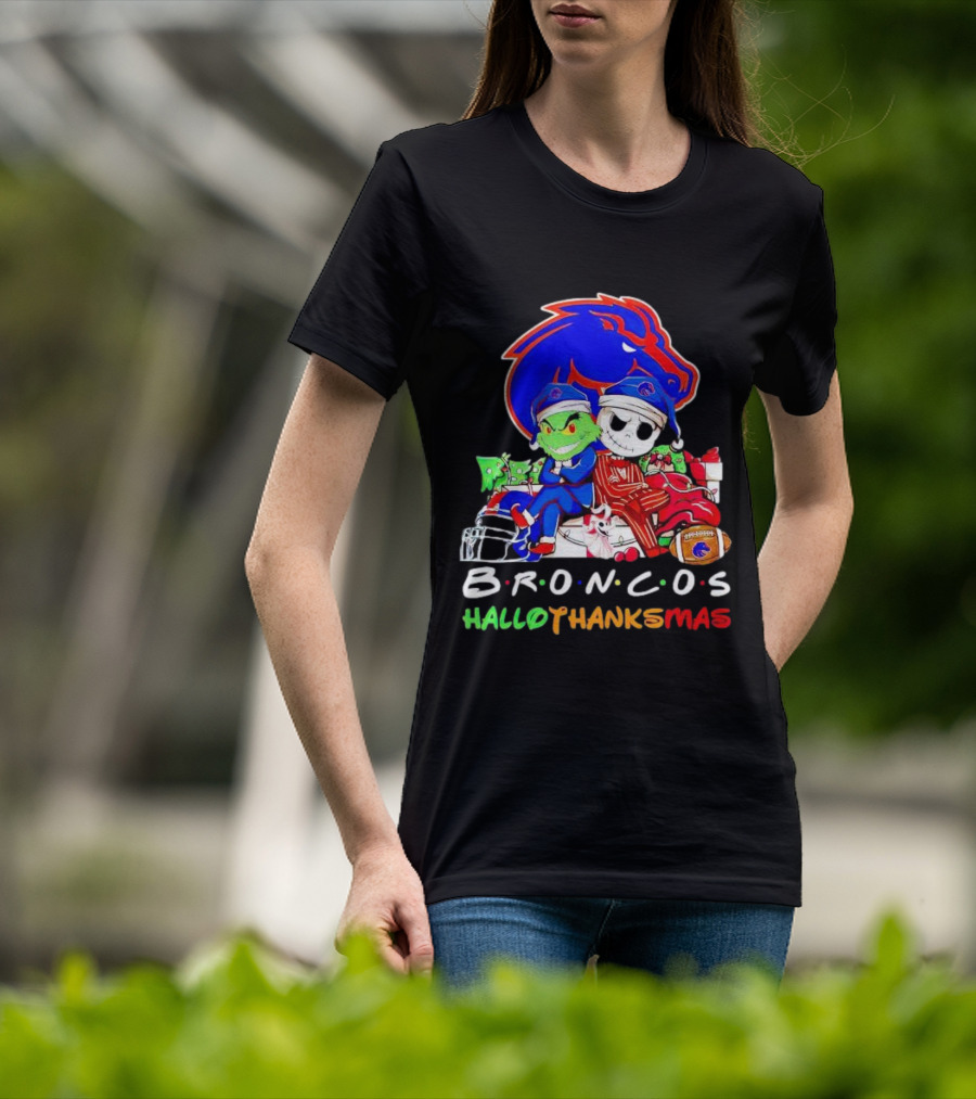 Broncos HalloThanksMas Grinch And Jack Skellington Friends T-Shirt