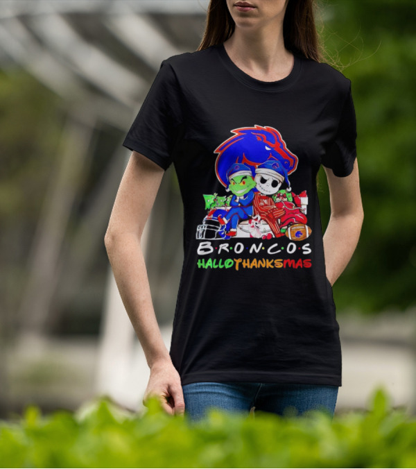 Broncos HalloThanksMas Grinch And Jack Skellington Friends T-Shirt