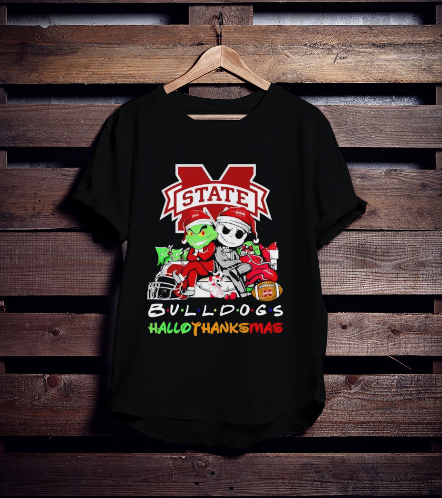 State Bulldogs Grinch And Jack Skellington HalloThanksMas T-Shirt