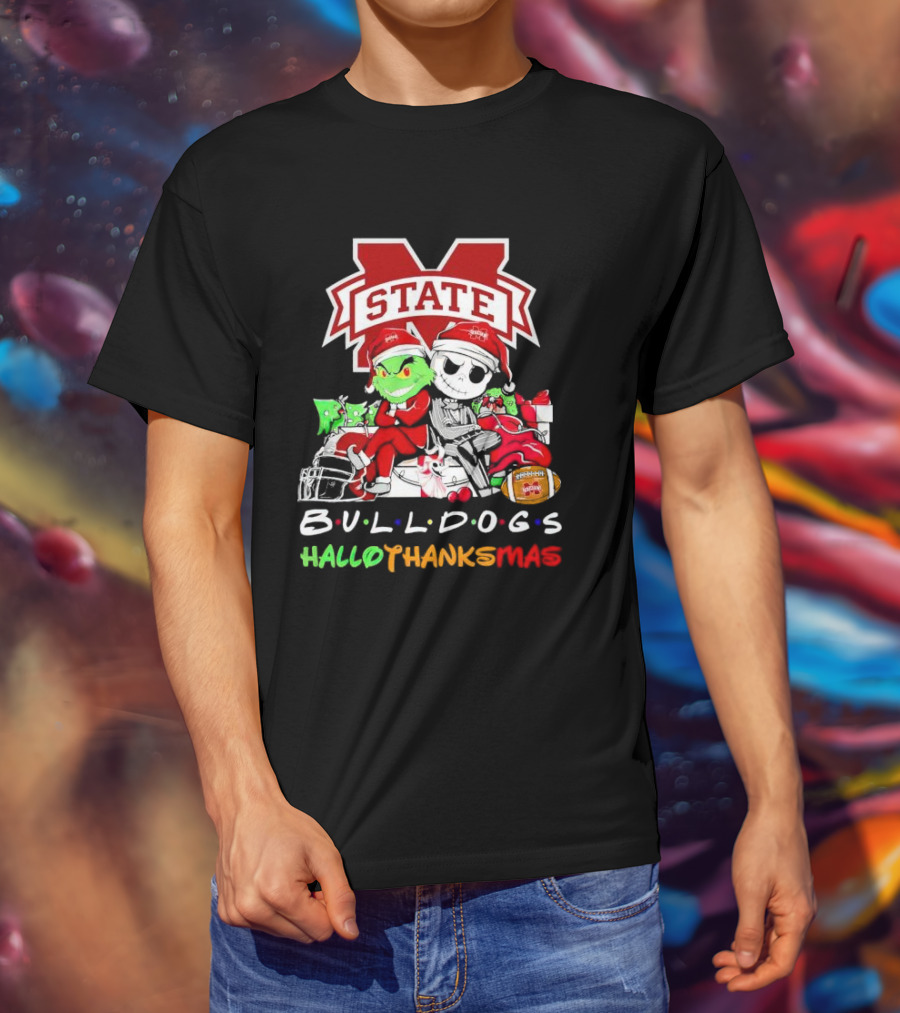 State Bulldogs Grinch And Jack Skellington HalloThanksMas T-Shirt