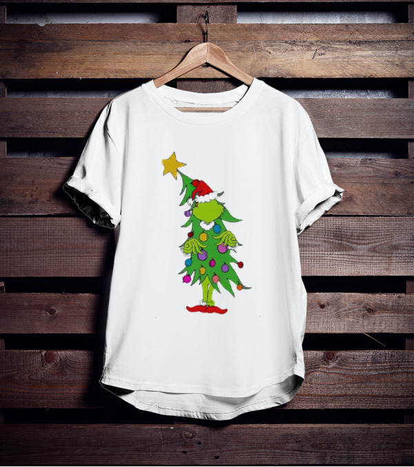 Grinch Christmas Tree Costume With Star And Ornaments T-Shirt