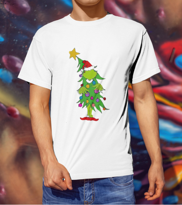 Grinch Christmas Tree Costume With Star And Ornaments T-Shirt