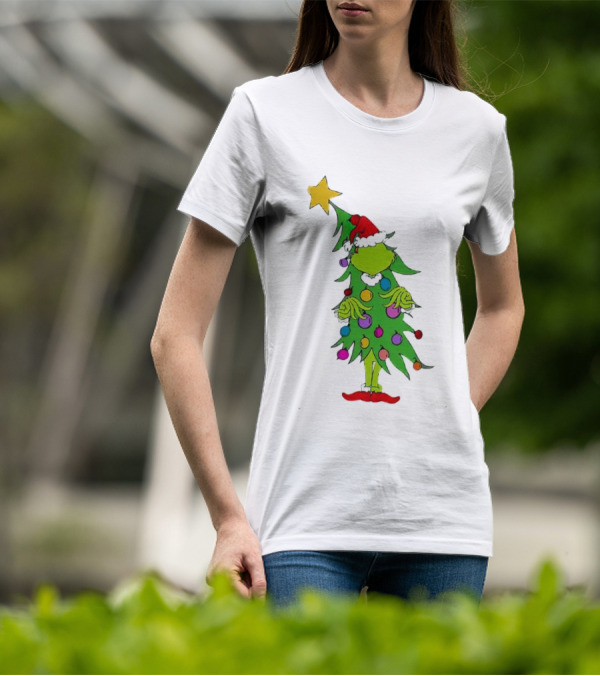 Grinch Christmas Tree Costume With Star And Ornaments T-Shirt