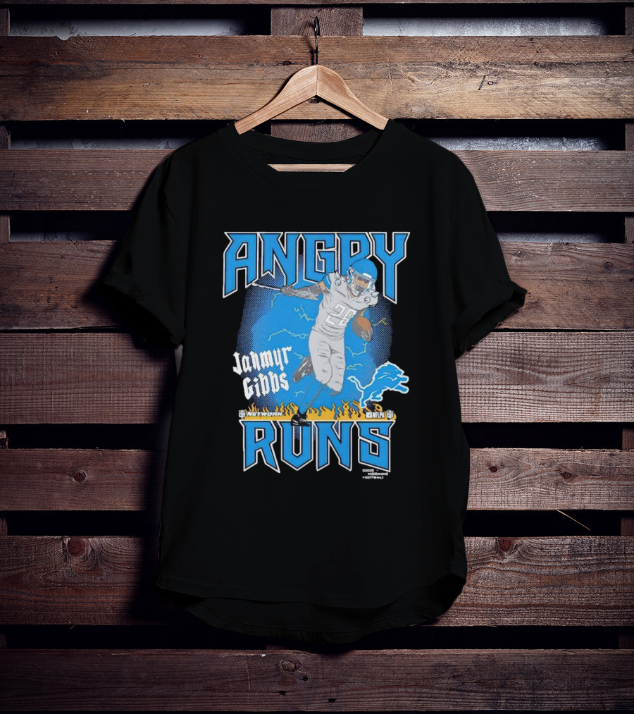 Jahmyr Gibbs Angry Runs Detroit Football Flames And Lion T-Shirt
