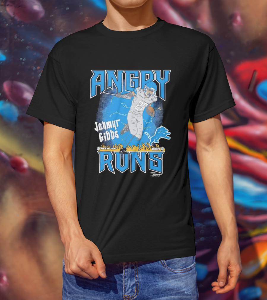 Jahmyr Gibbs Angry Runs Detroit Football Flames And Lion T-Shirt