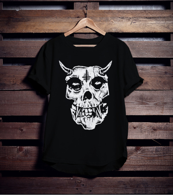 Twitching Tongues Twitchfits Sketched Skull With Horns And Inverted Cross T-Shirt