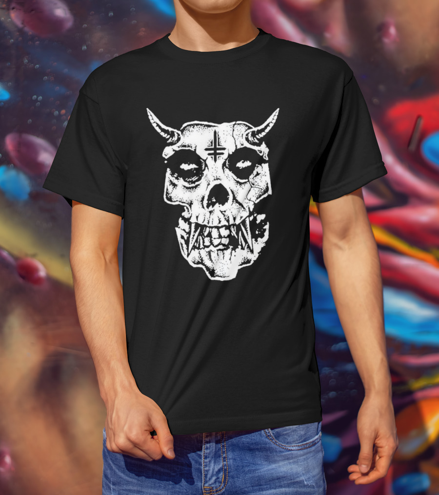 Twitching Tongues Twitchfits Sketched Skull With Horns And Inverted Cross T-Shirt