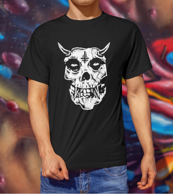 Twitching Tongues Twitchfits Sketched Skull With Horns And Inverted Cross T-Shirt