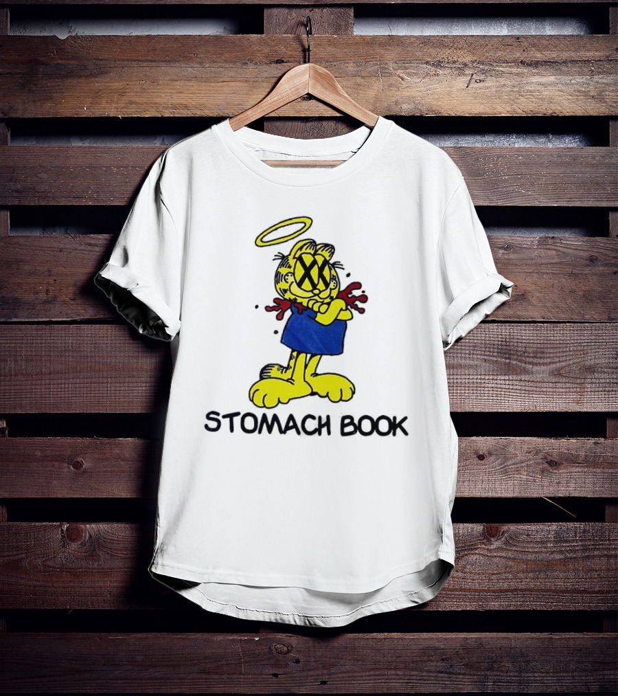 Garfield Stomach Book Angel Halo Yellow X Eyes Blue Red Blood T-Shirt