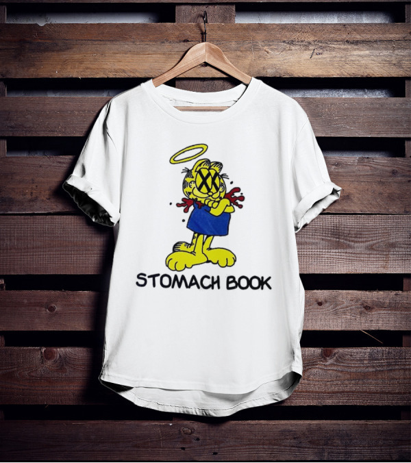 Garfield Stomach Book Angel Halo Yellow X Eyes Blue Red Blood T-Shirt