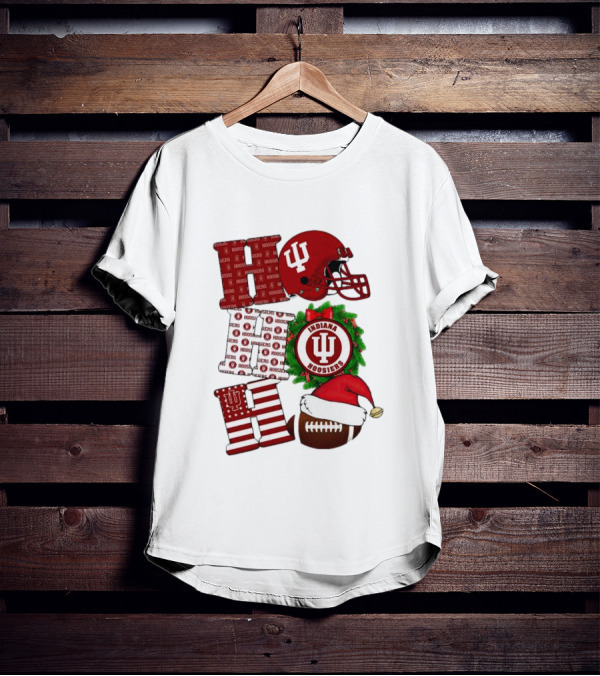 Indiana Hoosiers Christmas Ho Ho Ho Football Helmet Wreath Santa Hat T-Shirt