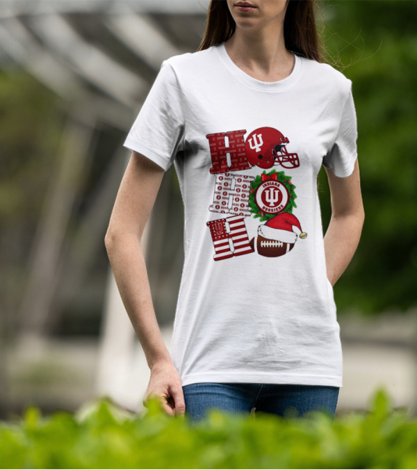Indiana Hoosiers Christmas Ho Ho Ho Football Helmet Wreath Santa Hat T-Shirt