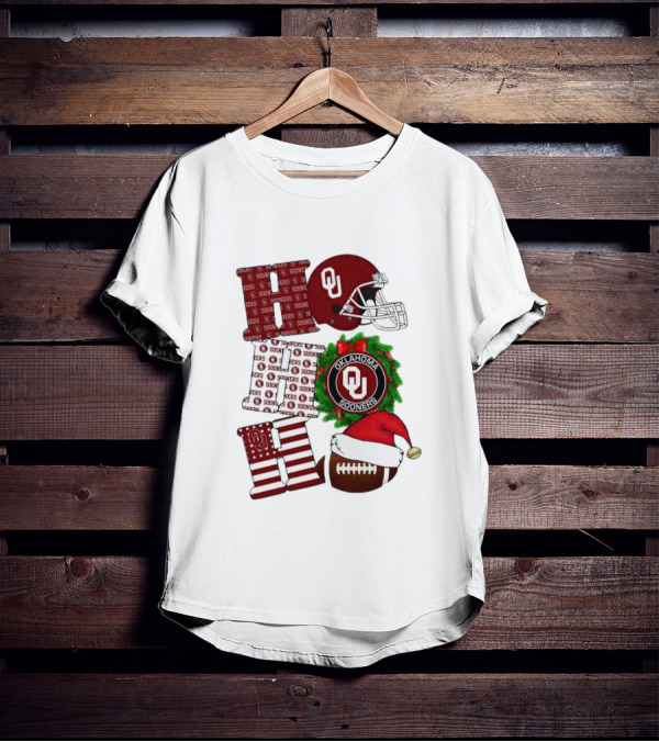 Oklahoma Sooners OU Helmet Wreath Football Santa Ho Ho Ho Christmas T-Shirt