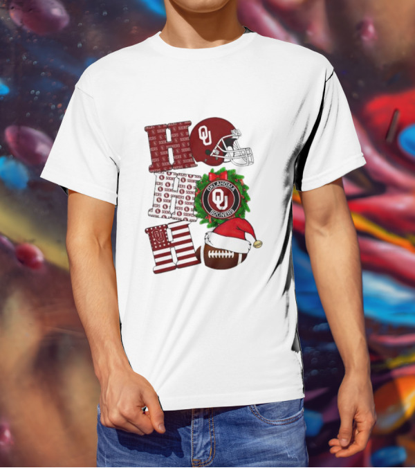 Oklahoma Sooners OU Helmet Wreath Football Santa Ho Ho Ho Christmas T-Shirt