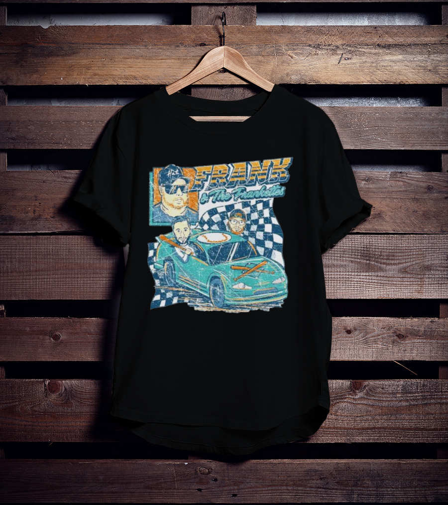 Frank And The Frankettes Racing Car Adventure With Checkered Flags And Cartoon Characters T-Shirt