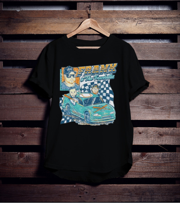 Frank And The Frankettes Racing Car Adventure With Checkered Flags And Cartoon Characters T-Shirt