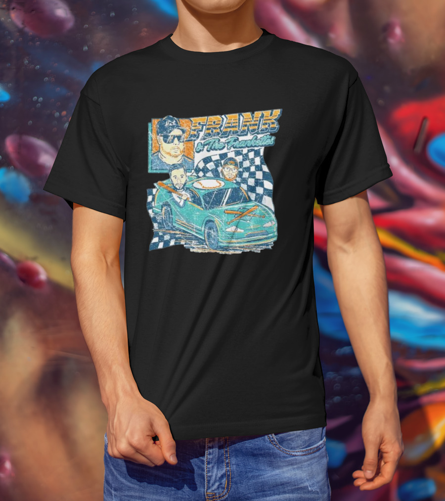 Frank And The Frankettes Racing Car Adventure With Checkered Flags And Cartoon Characters T-Shirt