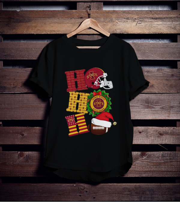 Iowa State Cyclones Christmas Football Helmet And Wreath Ho Ho Ho T-Shirt