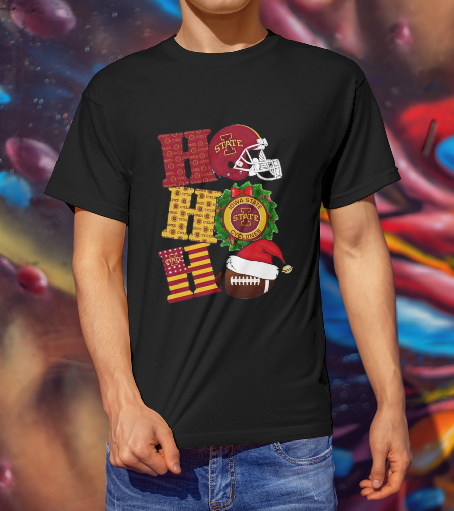 Iowa State Cyclones Christmas Football Helmet And Wreath Ho Ho Ho T-Shirt