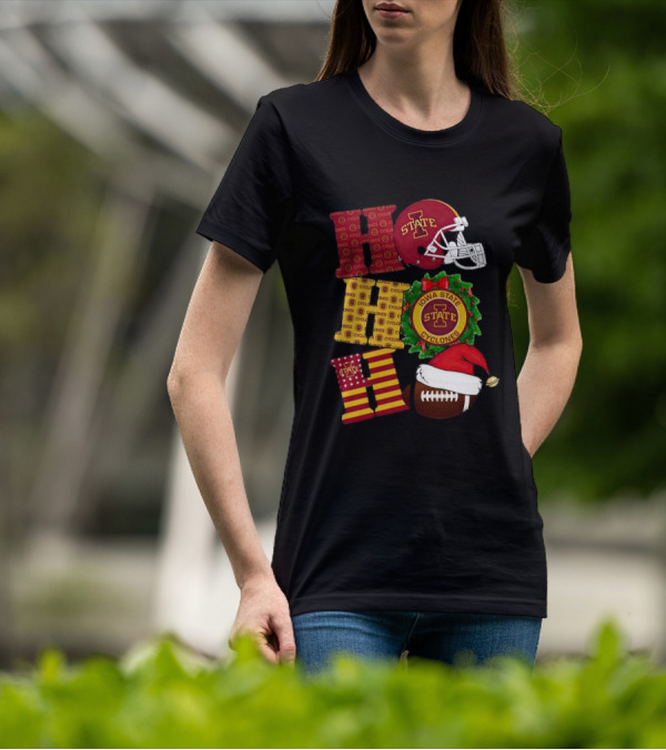 Iowa State Cyclones Christmas Football Helmet And Wreath Ho Ho Ho T-Shirt