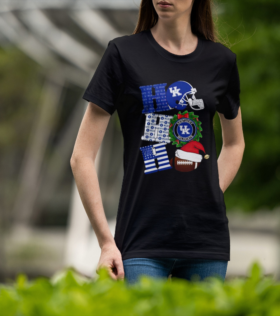 Kentucky Wildcats Ho Ho Ho Football Helmet Wreath Christmas T-Shirt