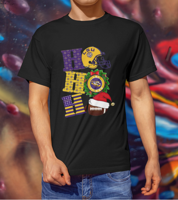 LSU Tigers Christmas Helmet Wreath Football Ho Ho Ho T-Shirt