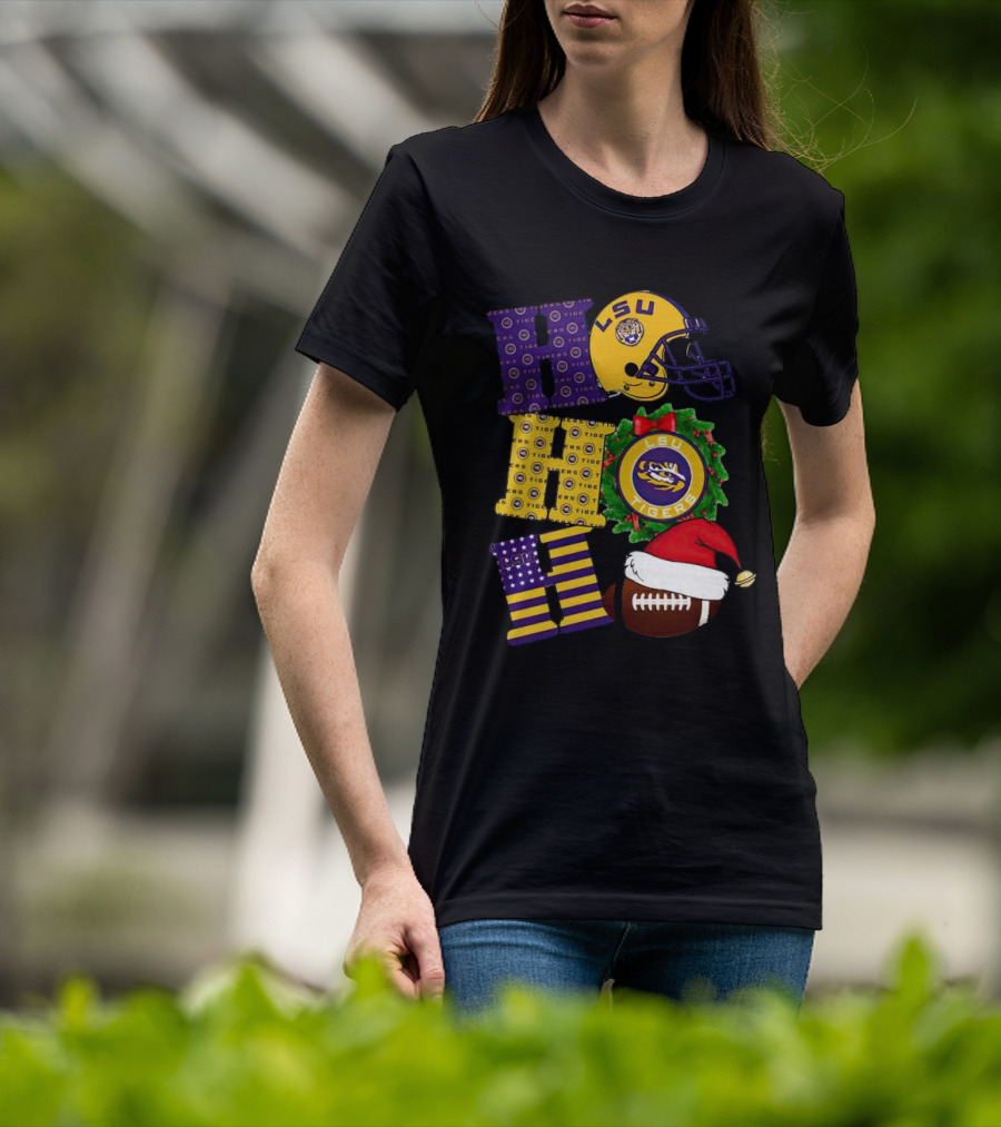 LSU Tigers Christmas Helmet Wreath Football Ho Ho Ho T-Shirt