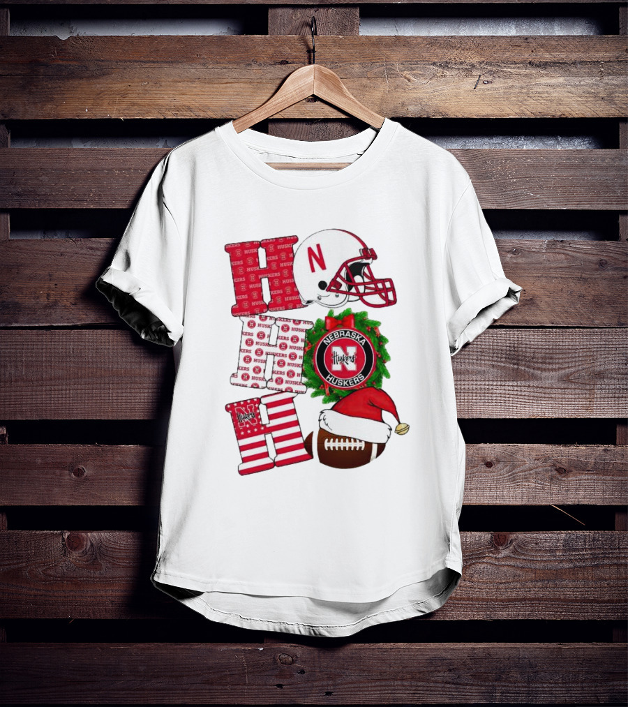 Nebraska Cornhuskers Ho Ho Ho Christmas Football Helmet Wreath Santa Hat Football T-Shirt