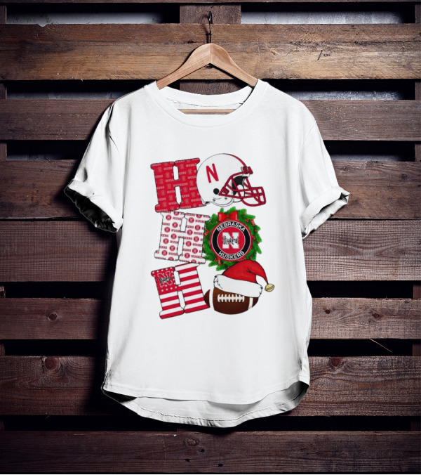 Nebraska Cornhuskers Ho Ho Ho Christmas Football Helmet Wreath Santa Hat Football T-Shirt