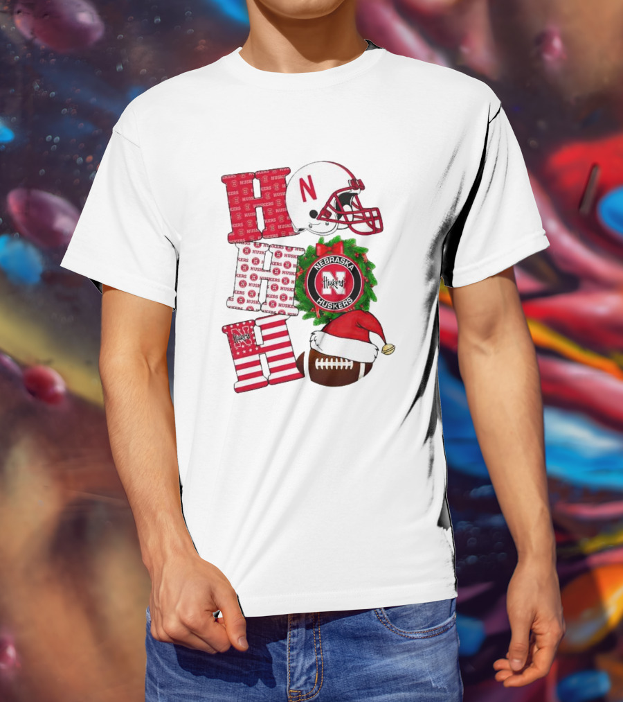 Nebraska Cornhuskers Ho Ho Ho Christmas Football Helmet Wreath Santa Hat Football T-Shirt