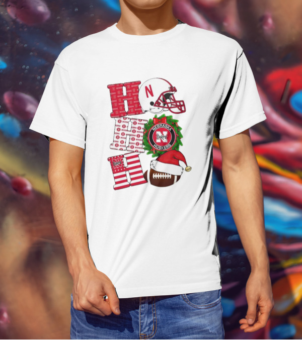 Nebraska Cornhuskers Ho Ho Ho Christmas Football Helmet Wreath Santa Hat Football T-Shirt