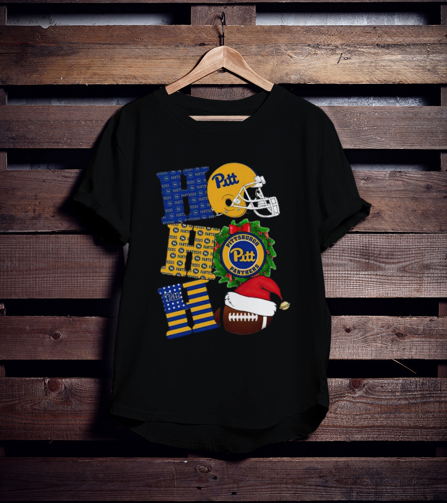 Pitt Panthers Christmas Helmet Wreath Football Ho Ho Ho T-Shirt