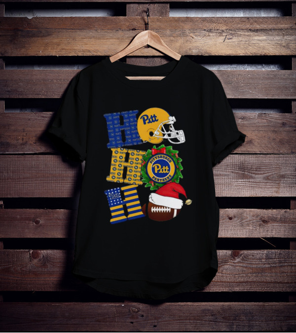 Pitt Panthers Christmas Helmet Wreath Football Ho Ho Ho T-Shirt