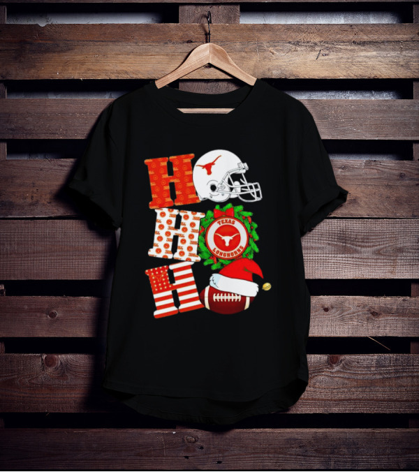 Texas Longhorns Ho Ho Ho Christmas Football Helmet Wreath Santa Hat T-Shirt