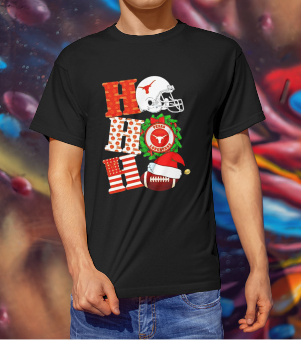 Texas Longhorns Ho Ho Ho Christmas Football Helmet Wreath Santa Hat T-Shirt