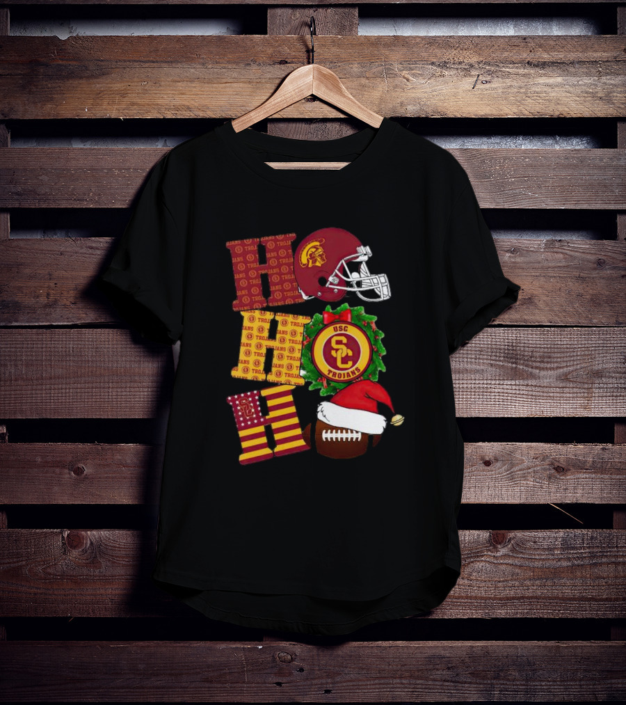 USC Trojans Ho Ho Ho Christmas Helmet Wreath Football Santa Hat T-Shirt