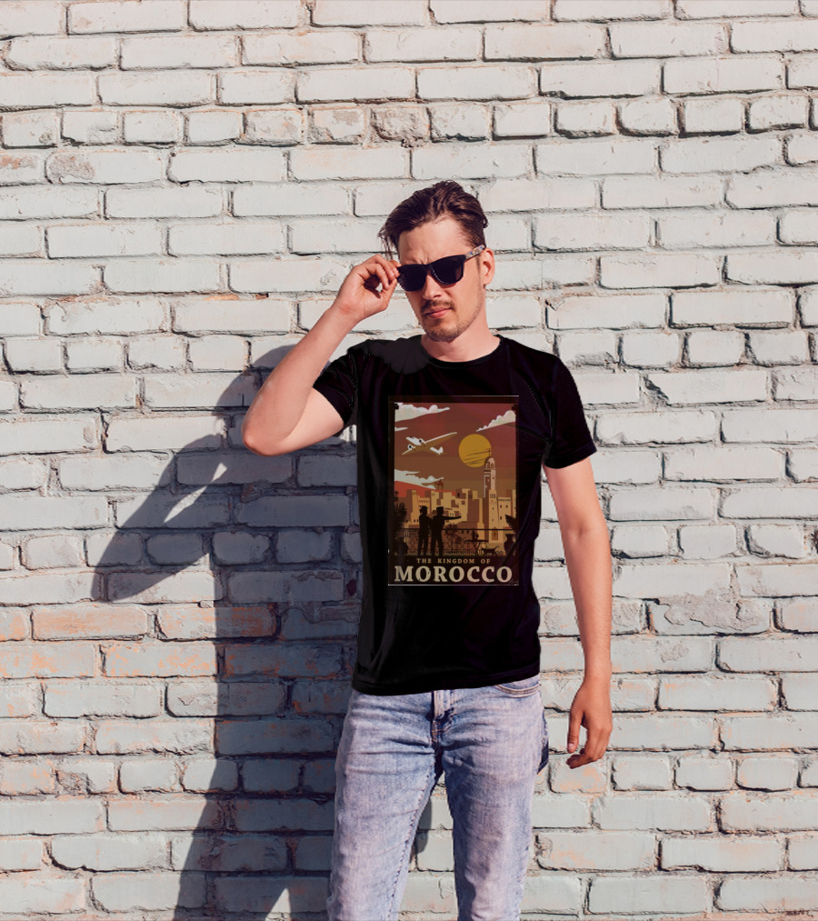 The Kingdom Of Morocco Skyline View With Airplane And Sunset Scene T-Shirt
