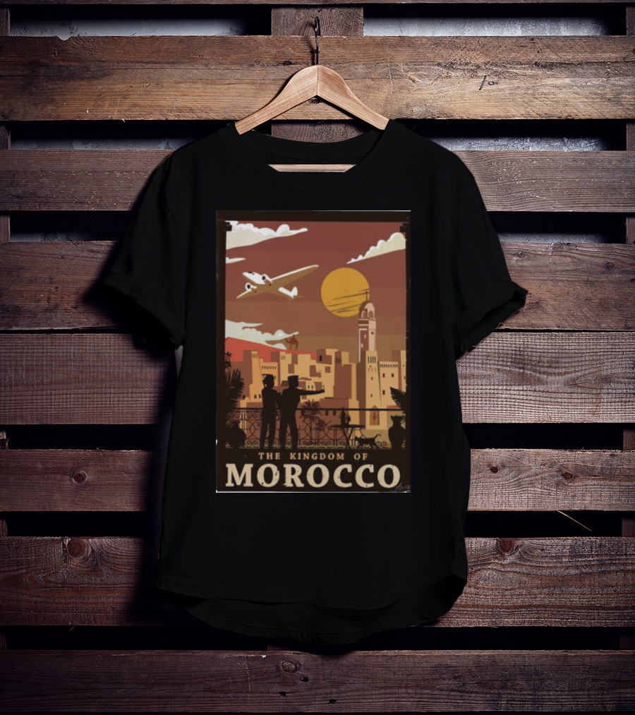 The Kingdom Of Morocco Skyline View With Airplane And Sunset Scene T-Shirt