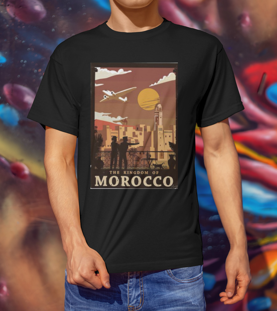 The Kingdom Of Morocco Skyline View With Airplane And Sunset Scene T-Shirt