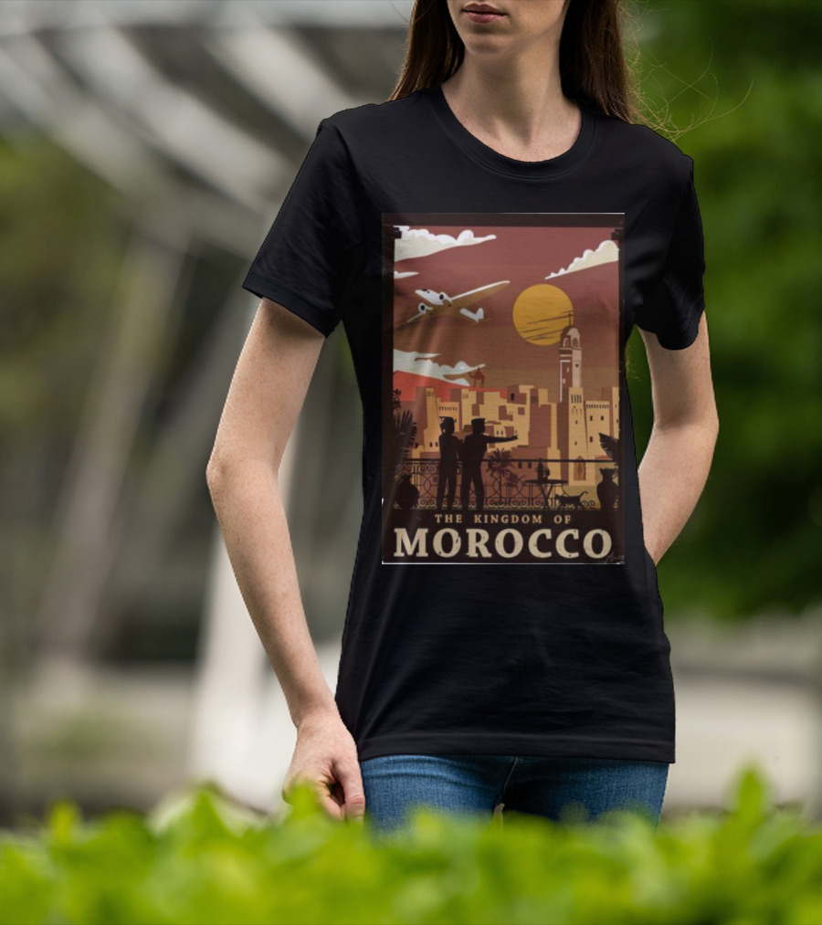 The Kingdom Of Morocco Skyline View With Airplane And Sunset Scene T-Shirt