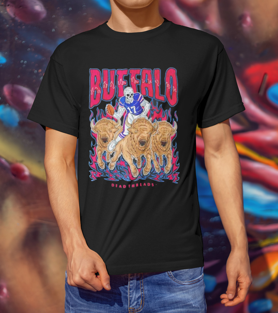 Buffalo Football Dead Threads Skeleton Quarterback Riding Buffalos T-Shirt