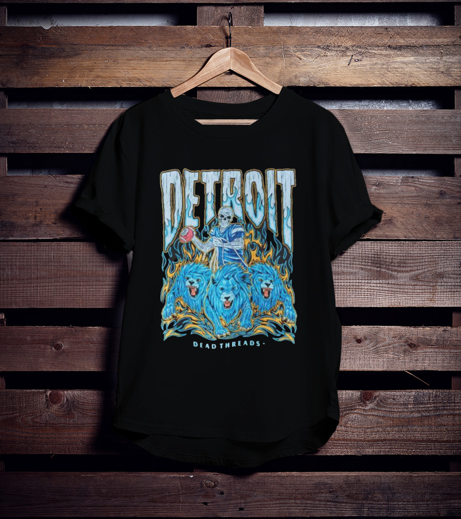 Detroit Dead Threads Football Skeleton And Blue Lions T-Shirt