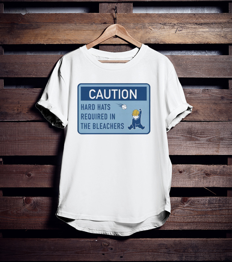 Caution: Hard Hats Required In The Bleachers With Cartoon Worker And Falling Object T-Shirt